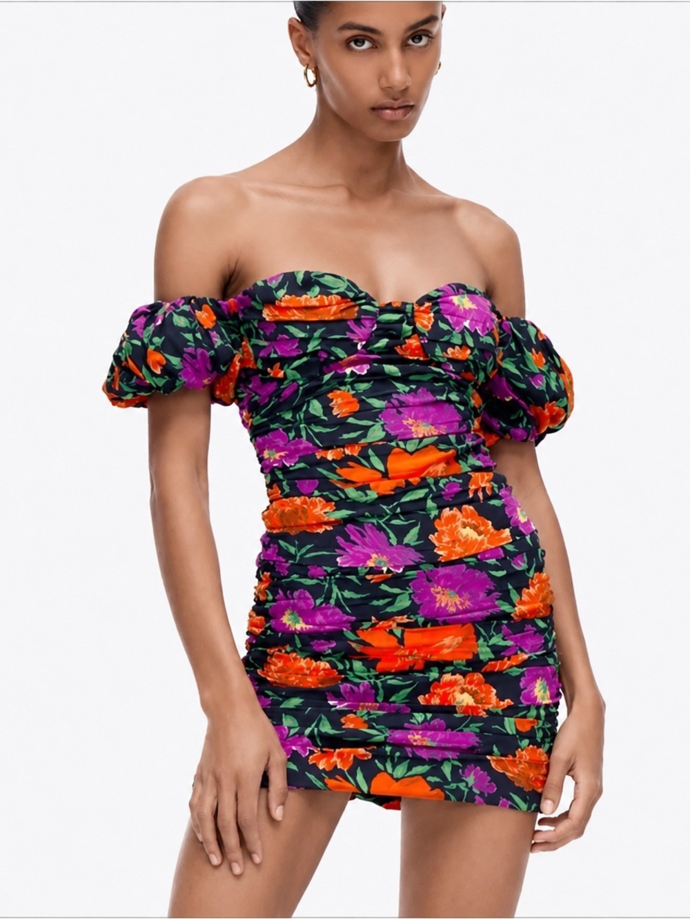 Zara Blogger Favorite Floral Puff Sleeve Off The Shoulder Ruched Mini Dress NWT